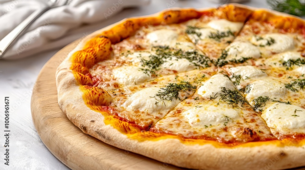 Artisan margarita pizza with herbs, melted mozzarella, elegant gourmet style, inviting lighting Artisan margarita pizza with herbs, melted mozzarella, elegant gourmet style, inviting lighting