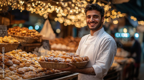 A smiling young man in white chef's holds pastries on the counter of his bakery. Behind him is an enchanting night market decorated with lights and stalls selling various types of