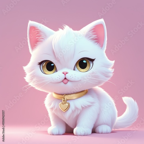 A cute, stylized white cat with big eyes and a collar, set against a pink background.