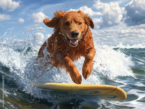 Nova Scotia Duck Tolling Retriever on a surfing board in the ocean, action shot, watar splash, ultra-detailed - v 6.1 --ar 4:3 --v 6.1 Job ID: b56728a4-2094-4f88-a5d5-bb7222db70fd photo