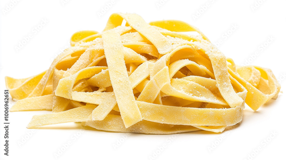 Freshly made fettuccine pasta arranged neatly on a white background ready for cooking Freshly made fettuccine pasta arranged neatly on a white background ready for cooking