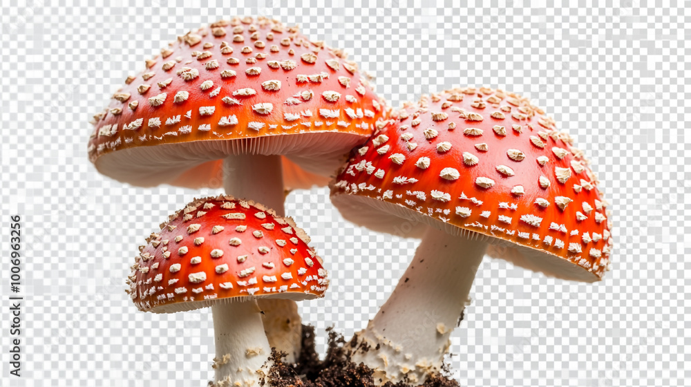 Obraz premium Vibrant red mushrooms with white spots growing on a forest floor in a natural setting