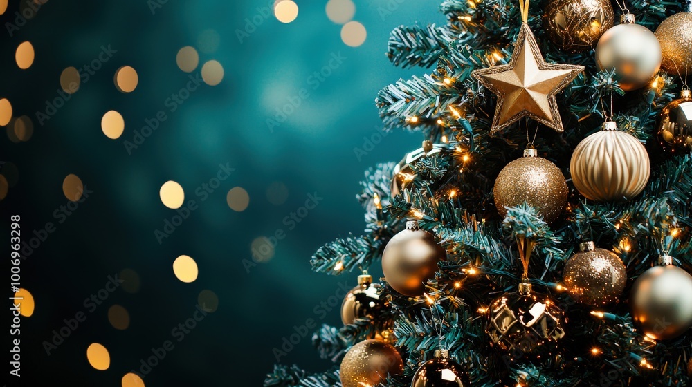 Fototapeta premium A beautifully decorated Christmas tree adorned with golden ornaments, twinkling lights, and a shimmering star on top. The festive design brings warmth and joy to the holiday season.