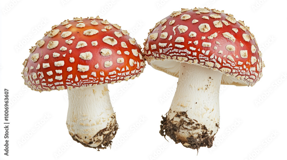 Obraz premium Bright red mushrooms with white spots growing together in a natural setting during autumn