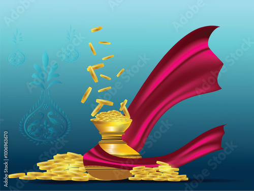 Dhanteras Gold coin in pot for Dhanteras celebration and Diwali festival celebration .