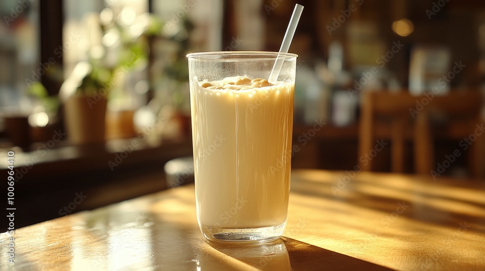 Iced Coffee with Straw in Glass on Wooden Table Iced Coffee with Straw in Glass on Wooden Table