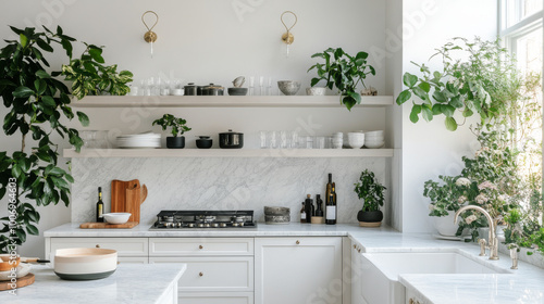 Minimalist kitchen with marble countertops, simple open shelving, and a touch of greenery