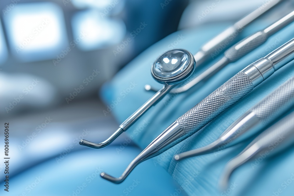 Close-up of dental implant and tools on a sterile table, showcasing professional dentist equipment in a minimalistic setting Close-up of dental implant and tools on a sterile table, showcasing professional dentist equipment in a minimalistic setting