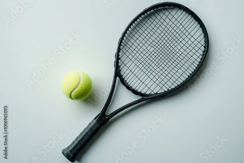 tennis racket and a bright yellow ball lie side by side on a white background illuminated by midday light. The detailed strings and grip focus highlight the sleek design of sports accessories.