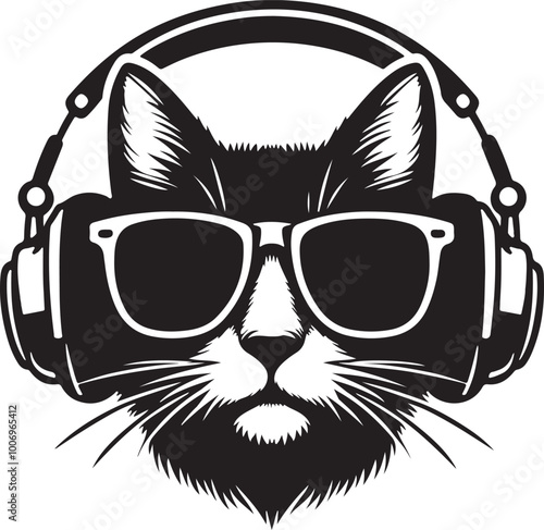A Cute cat Listening to Music with Headphones silhouette vector