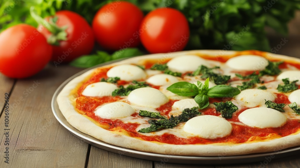 Gourmet herbs on margarita pizza, detail Gourmet herbs on margarita pizza, detail
