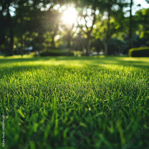 Fresh green grass glistens in sunlight, creating serene outdoor atmosphere. vibrant lawn is surrounded by trees, enhancing beauty of nature in spring