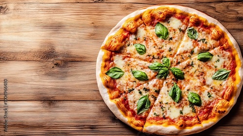 Gourmet margarita pizza, herbs, wooden background, close-up