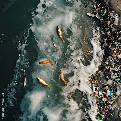 Dead fish float in a polluted river, a stark reminder of the impact of human waste. photo