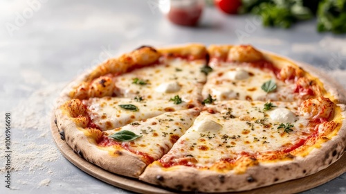 Gourmet margarita pizza, melted cheese, herbs