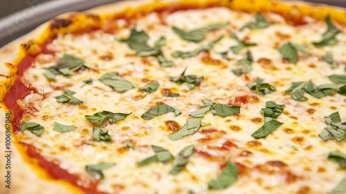 Gourmet margarita pizza topped with fresh herbs and olive oil, detailed close-up of the melted cheese