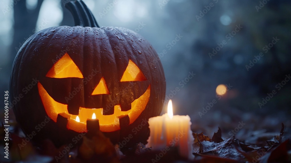 Naklejka premium A close-up of a beautifully carved pumpkin with glowing candles inside, set against a misty background. The warm light creates an enchanting atmosphere, perfect for Halloween.