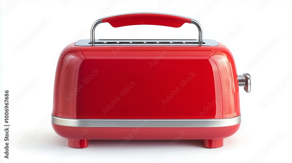 A vibrant red toaster with a sleek design sits on a kitchen counter, ready to toast bread in a cozy home setting A vibrant red toaster with a sleek design sits on a kitchen counter, ready to toast bread in a cozy home setting