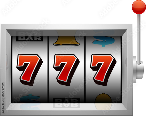 Three seven on slot machine screen. Jackpot logo