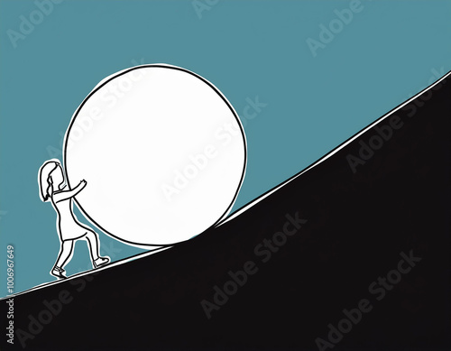 Woman Pushing Stone Up Empowering Feminist Female Power Concept