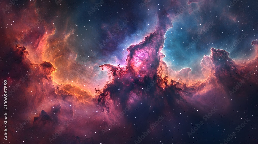 Fototapeta premium A vibrant nebula glows in the dark space, displaying an array of reds, blues, and pinks.