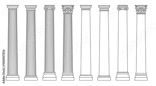 Set of Ancient Greek and Roman Columns, Silhouettes in Outline Style, Fluted and Smooth Variants