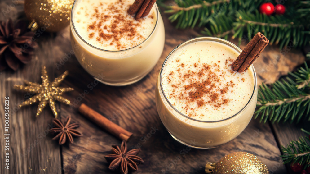 Homemade Eggnog with Cinnamon and Whipped Cream. Lait de Poule, Eggnog Month. Homemade Eggnog with Cinnamon and Whipped Cream. Lait de Poule, Eggnog Month.