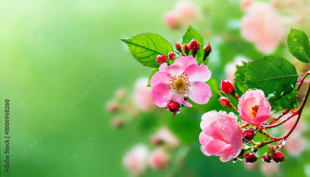 a twig with leaves and blooming pink flowers on a light green background with droplets on them after the rain a twig with leaves and blooming pink flowers on a light green background with droplets on them after the rain