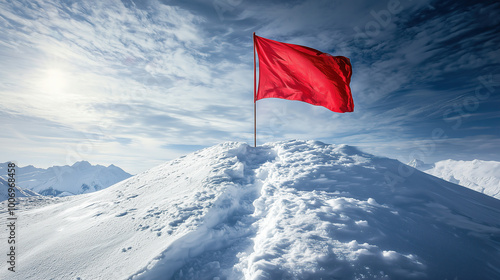 Red flag on the top of a snowy mountain, with a snow background  photo