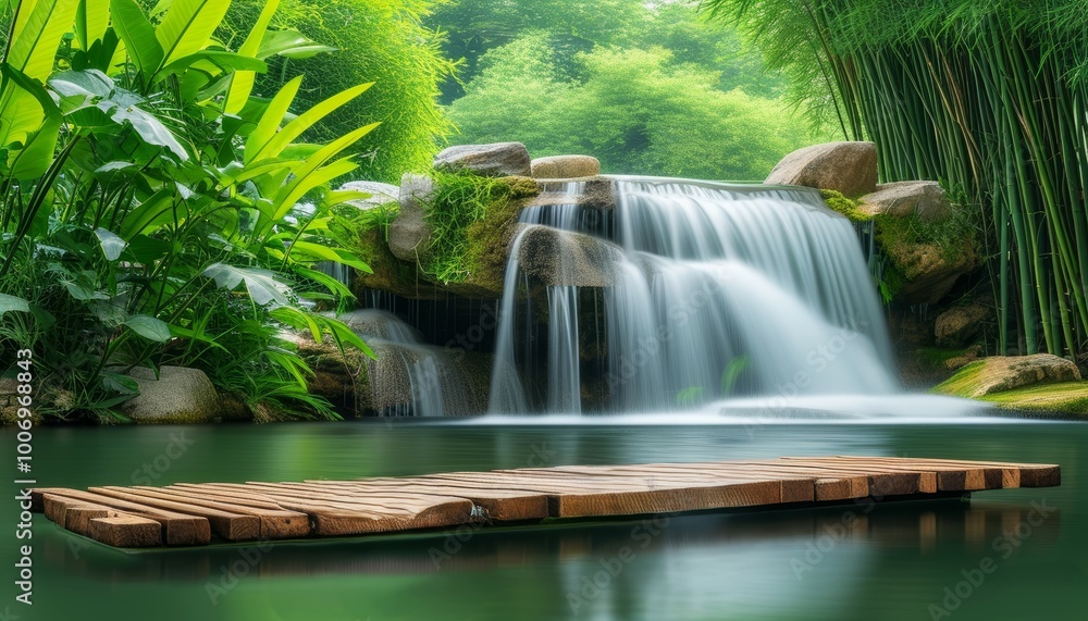 relaxing green background with young green nature and a waterfall flowing into a calm, serene lake, where there is a wooden bridge . relaxation background, for yoga, relax relaxing green background with young green nature and a waterfall flowing into a calm, serene lake, where there is a wooden bridge . relaxation background, for yoga, relax