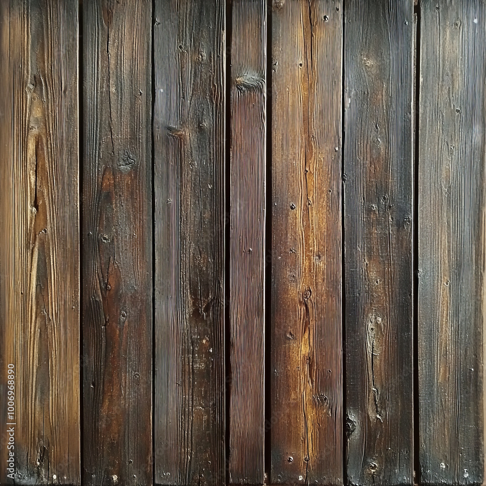 Fototapeta premium Dark brown wooden planks create rustic and textured background, showcasing natural grain and variations in color. This old, grunge wallpaper adds warmth and character to any design