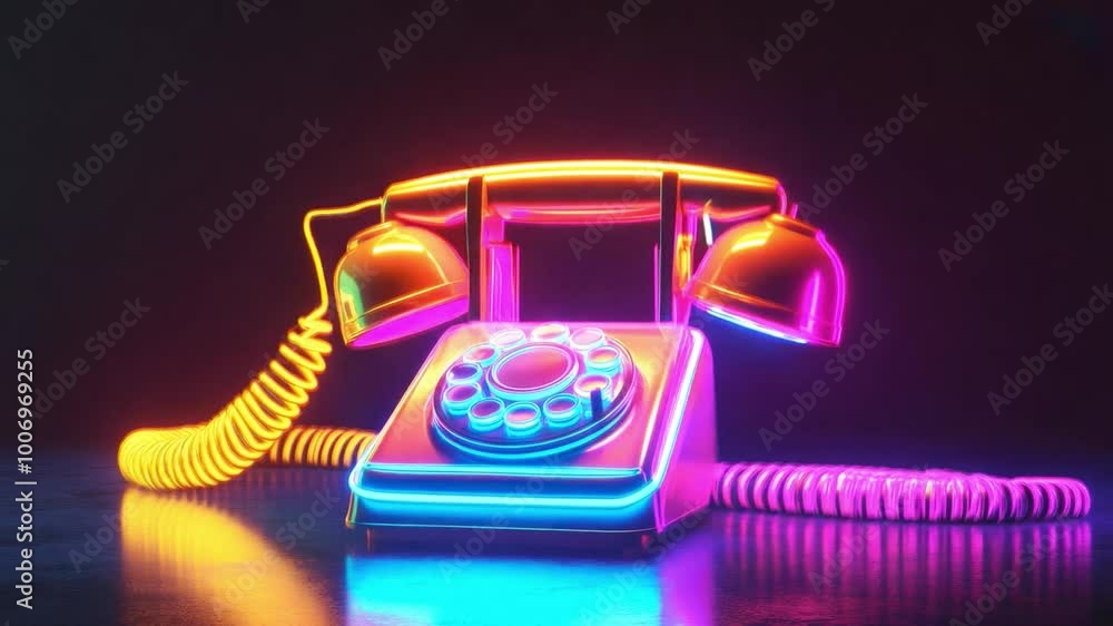 A classic rotary telephone shines in neon colors, showcasing a unique blend of retro design and modern lighting in a dark setting