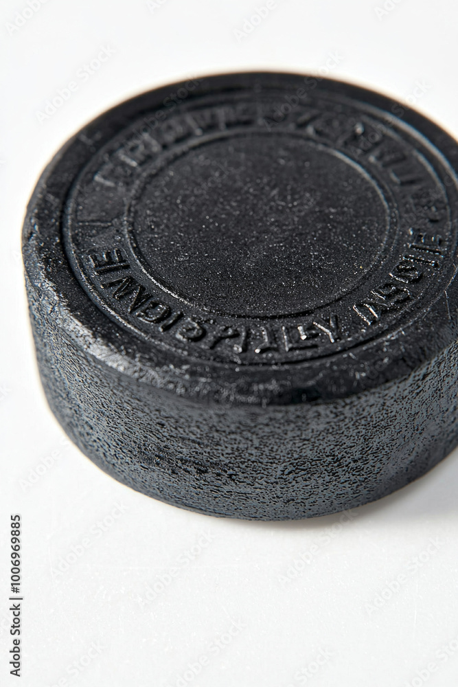 close up shot highlights the detailed surface of a hockey puck against a bright white background emphasizing its texture and embossed logo. close up shot highlights the detailed surface of a hockey puck against a bright white background emphasizing its texture and embossed logo.
