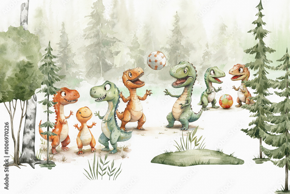 Fototapeta Cheerful, cute dinosaurs playing in the forest.  #1006970226