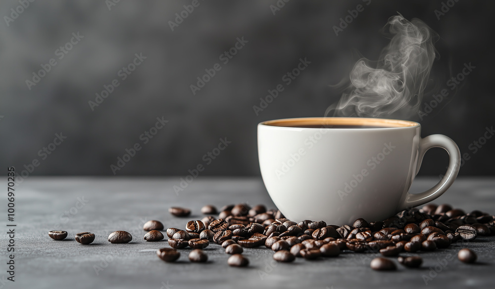 white cup with black coffee and hot steam on a grey background, surrounded by scattered coffee beans white cup with black coffee and hot steam on a grey background, surrounded by scattered coffee beans