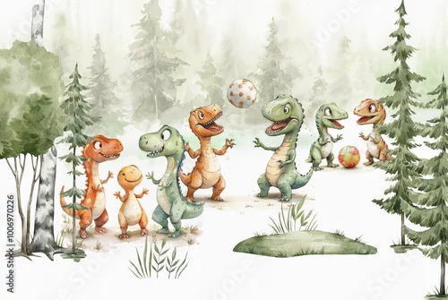 Obraz Cheerful, cute dinosaurs playing in the forest. 