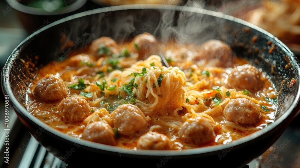 Steaming Bowl of Meatballs and Noodles in a Creamy Sauce Steaming Bowl of Meatballs and Noodles in a Creamy Sauce