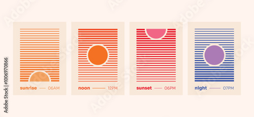 Poster Set Sunrise Noon Sunset Night Concept Minimalist Retro
