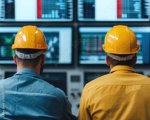 Engineers discussing cost overruns in a high-tech control room with economic models on screens, budget control, project economics photo