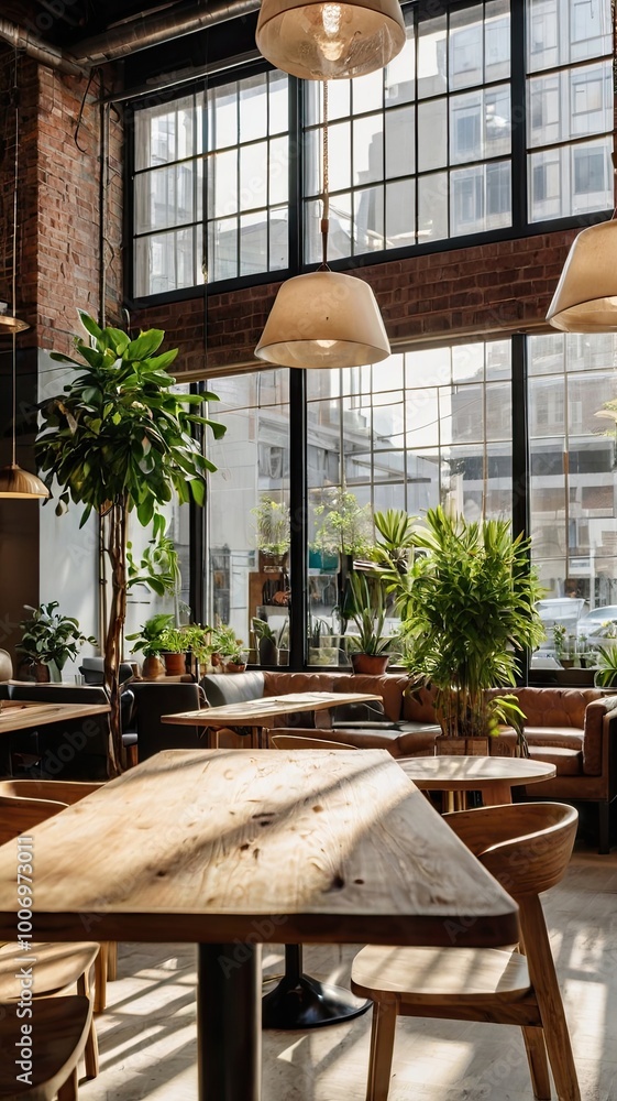 Fototapeta premium Sun-Drenched Industrial Chic: A rustic wooden table sits bathed in sunlight streaming through expansive windows, showcasing a stylishly minimalist cafe interior with exposed brick, greenery.