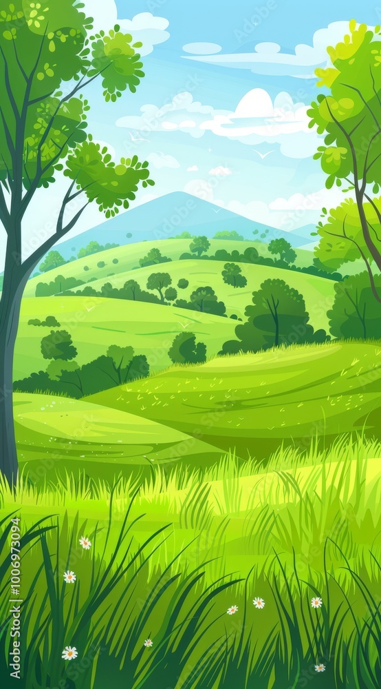 A beautiful grassland with trees and hills in the background, vector illustration style, flat design, bright colors, cartoon, simple lines, green tones, high details, high resolution, best quality, be A beautiful grassland with trees and hills in the background, vector illustration style, flat design, bright colors, cartoon, simple lines, green tones, high details, high resolution, best quality, be