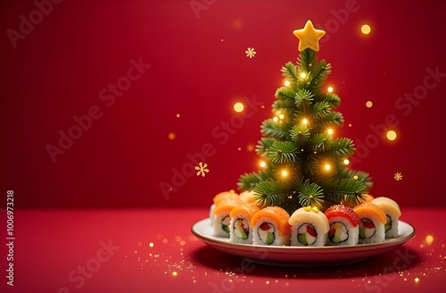 Christmas tree topped with a star lies on a plate surrounded by rolls on a red background with flying stars. Holiday food concept with copy space photo