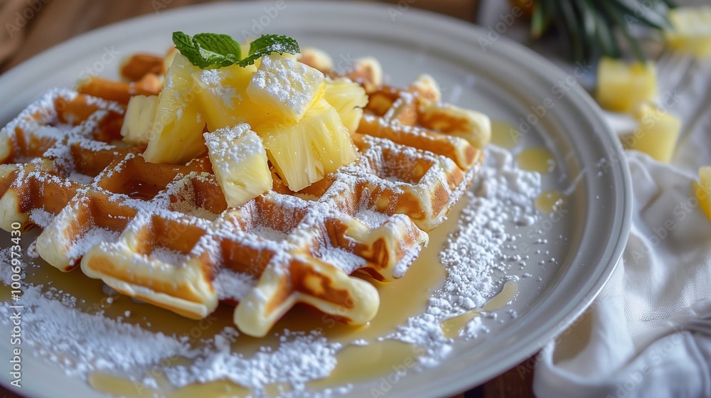 Waffles with pineapple pieces, sprinkled with powdered sugar and poured with syrup. The waffles look very appetizing, with a golden crispy crust. Waffles with pineapple pieces, sprinkled with powdered sugar and poured with syrup. The waffles look very appetizing, with a golden crispy crust.