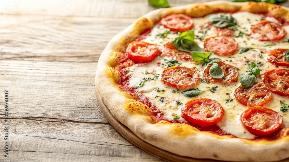 Margarita pizza with fresh tomatoes, melting cheese, scattered herbs, close-up gourmet shot Margarita pizza with fresh tomatoes, melting cheese, scattered herbs, close-up gourmet shot