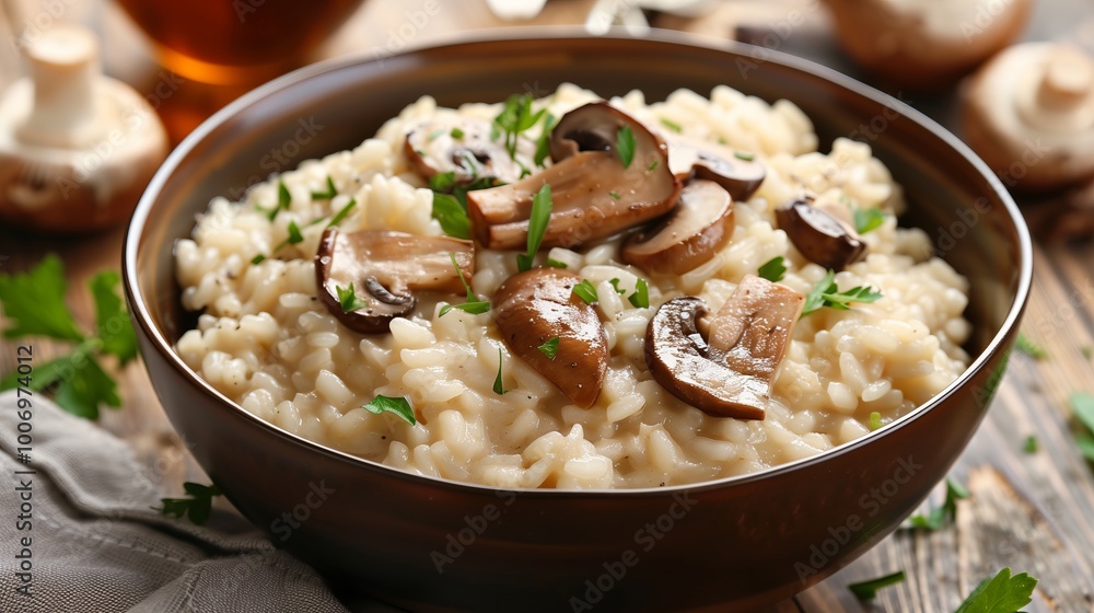 Delicious creamy risotto with mushrooms. The dish is served in a ceramic plate, which gives it homeliness and comfort. Delicious creamy risotto with mushrooms. The dish is served in a ceramic plate, which gives it homeliness and comfort.