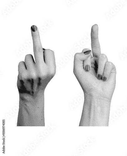 Rude offensive gesture, middle finger symbol, hand sign. Halftone style vector isolated on white background.