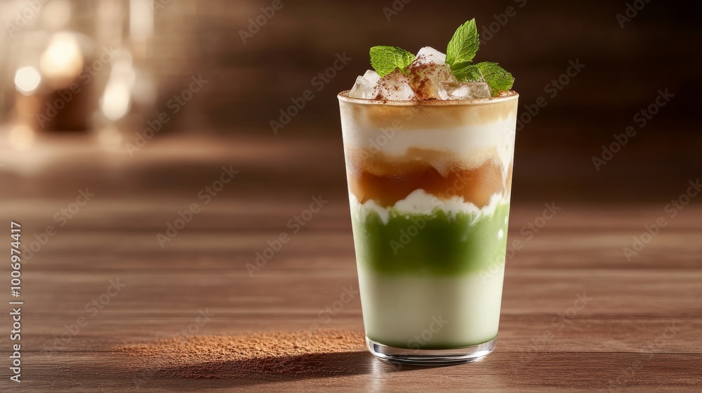 This iced matcha latte features striking layers of green, white, and brown, garnished with mint leaves and crushed ice, perfect for a warm day This iced matcha latte features striking layers of green, white, and brown, garnished with mint leaves and crushed ice, perfect for a warm day