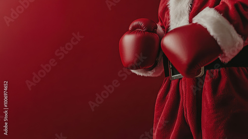 Santa Claus wearing boxing gloves. Christmas and Boxing Day concept. Gifts and sales.