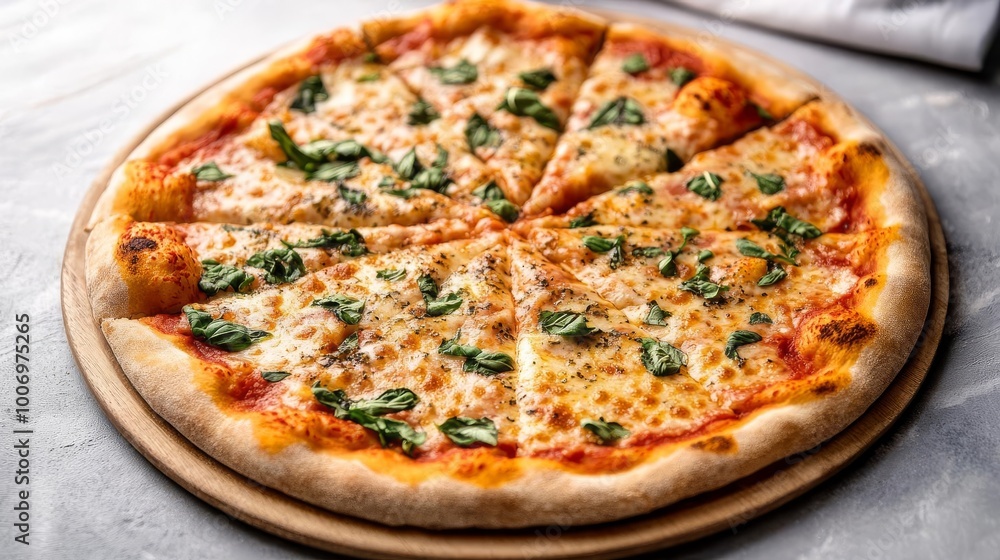 Margarita pizza with herbs, crispy crust, detailed close-up Margarita pizza with herbs, crispy crust, detailed close-up