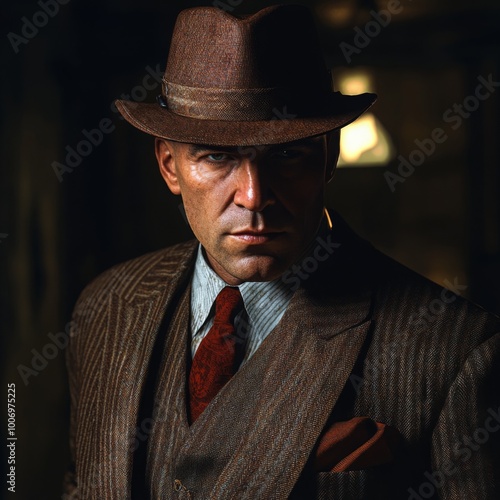 1930s Gangster Portrait Sharp Suit Fedora Hat Man Vintage Style
